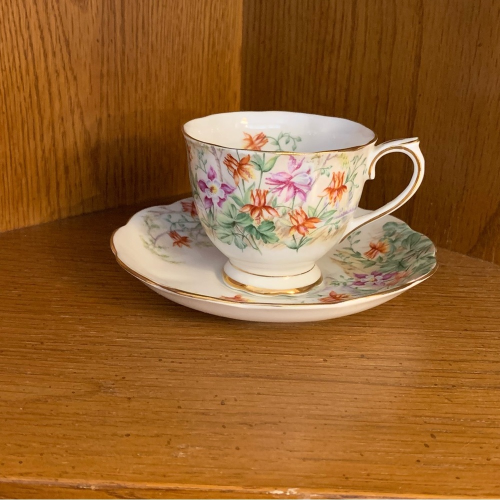 Royal Albert Vintage Crown China Columbine Teacup and Saucer Set